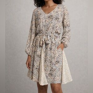 DAVI & DANI Long Sleeve Patterned Dress - Black, Cream, Tan